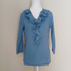 European Culture Ruffled Lightweight Blouse Sky Blue Size Medium